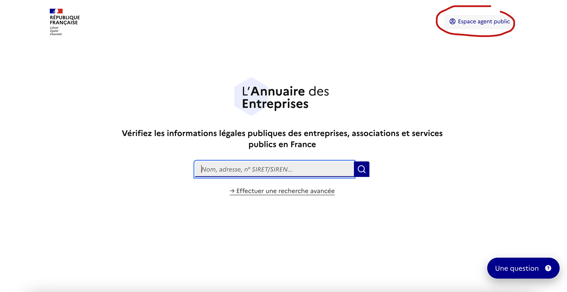 capture de la page d'accueil de l'annuaire avec le bouton "espace agent" entouré